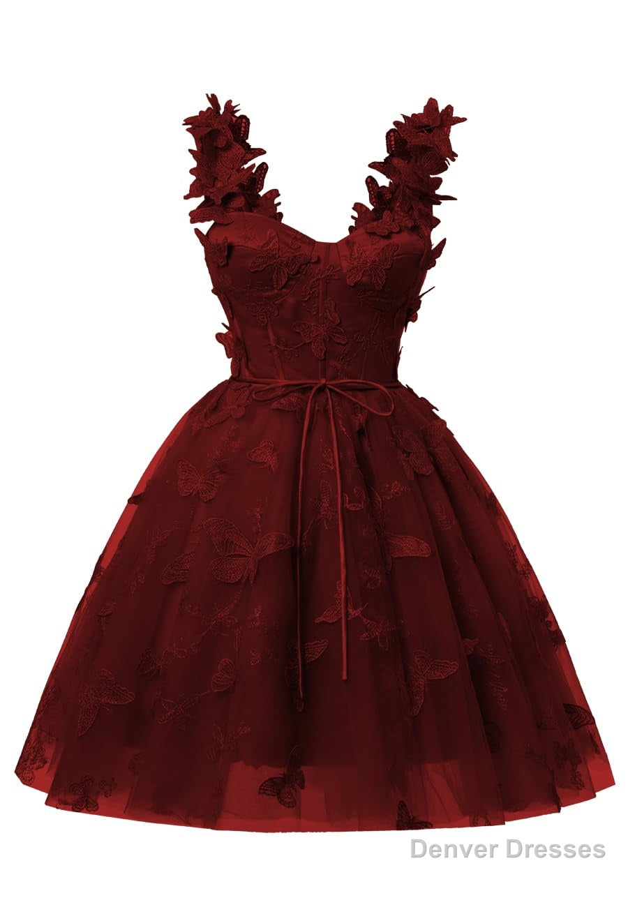 Burgundy 3D Butterfly Lace Applique Tulle Homecoming Dress for Teens Sweetheart Mini Short Prom Dresses Secondary image