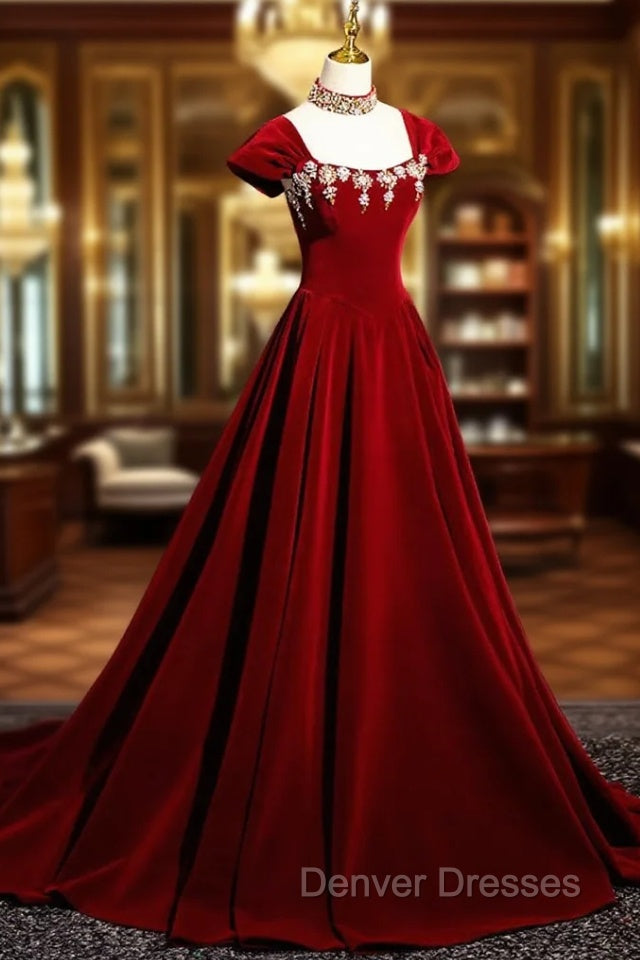 Burgundy A Line Beaded Velvet Long Prom Dress Main image