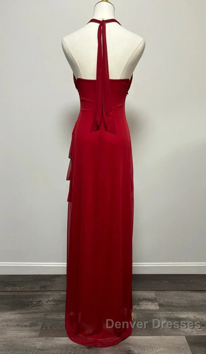 Burgundy A-Line Halter V Neck Chiffon Backless Prom Dress,Bridesmaid Dress With Ankle Length Secondary image