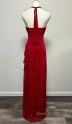 Burgundy A-Line Halter V Neck Chiffon Backless Prom Dress,Bridesmaid Dress With Ankle Length