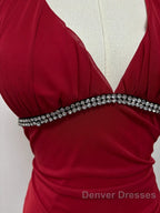 Burgundy A-Line Halter V Neck Chiffon Backless Prom Dress,Bridesmaid Dress With Ankle Length