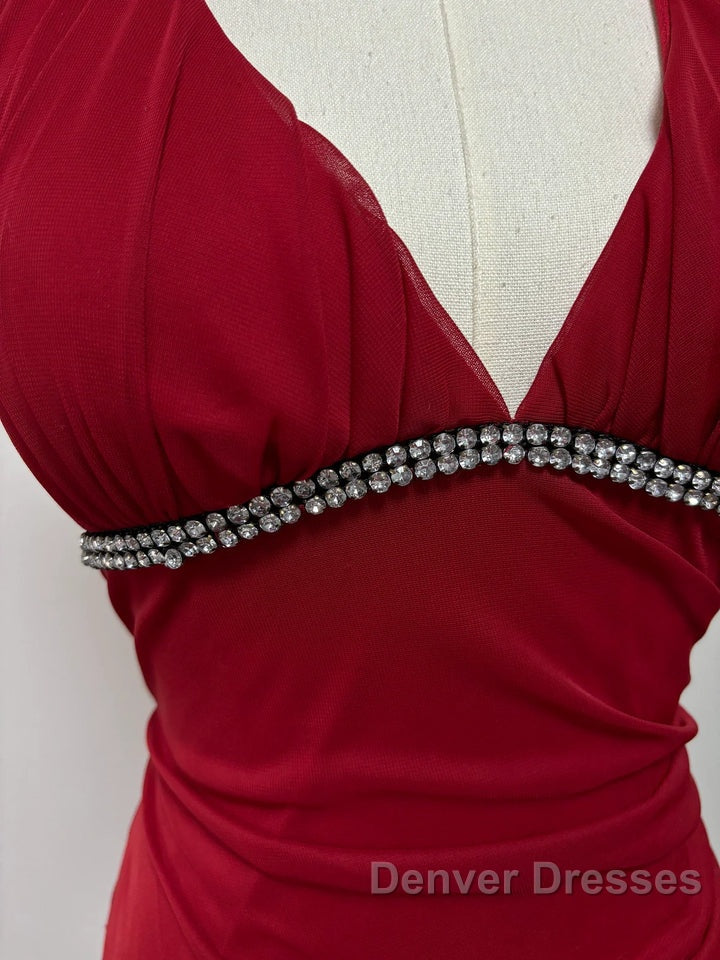 Burgundy A-Line Halter V Neck Chiffon Backless Prom Dress,Bridesmaid Dress With Ankle Length