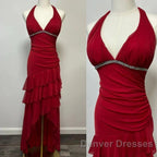 Burgundy A-Line Halter V Neck Chiffon Backless Prom Dress,Bridesmaid Dress With Ankle Length