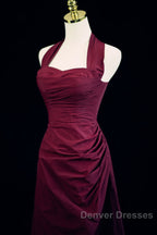 Burgundy A-Line Halter Vintage Style Prom Dress, Burgundy Long Evening Dress