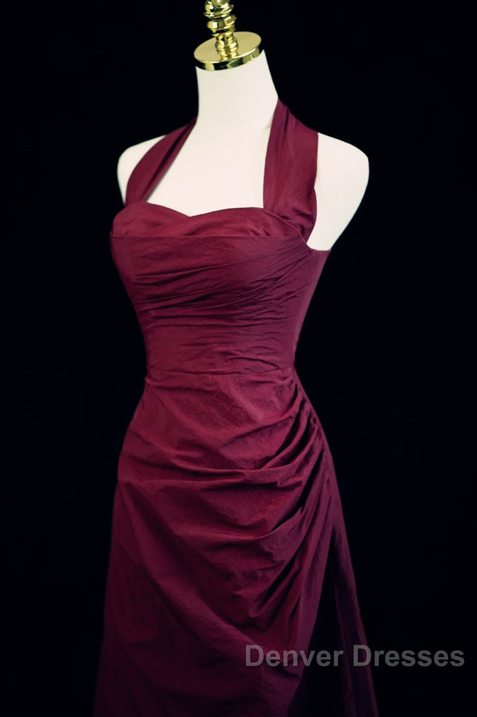 Burgundy A-Line Halter Vintage Style Prom Dress, Burgundy Long Evening Dress