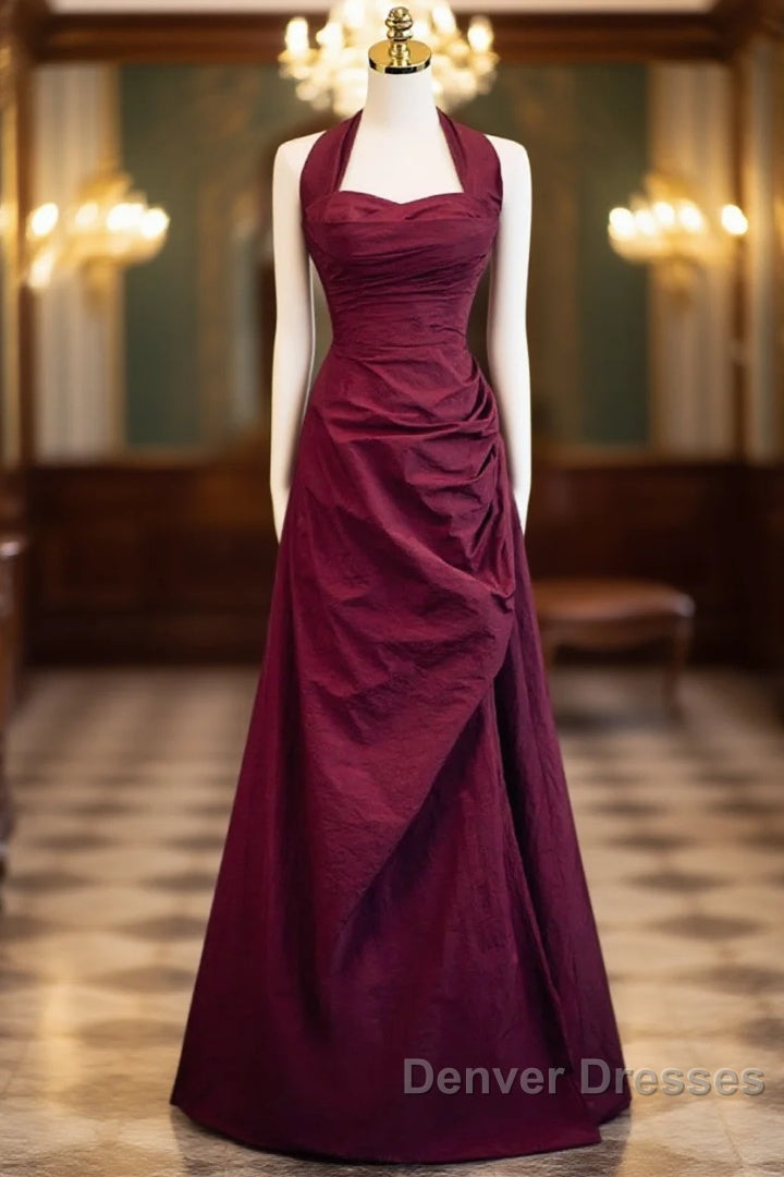 Burgundy A-Line Halter Vintage Style Prom Dress, Burgundy Long Evening Dress Main image