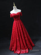 Burgundy A line lace tulle beads long prom Dress, burgundy bridesmaid Dress