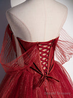 Burgundy A Line Off Shoulder Long Prom Dress Burgundy Evening Dress