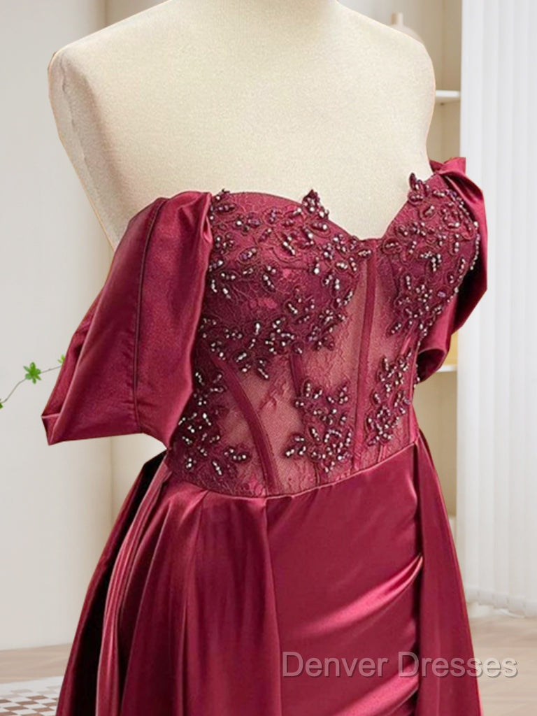 Burgundy A-Line Off Shoulder Satin Lace Long Prom Dress, Burgundy Long Formal Dress Secondary image