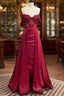Burgundy A-Line Off Shoulder Satin Lace Long Prom Dress, Burgundy Long Formal Dress