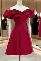 Burgundy A-Line Off Shoulder Satin Short Prom Dress, Burgundy Homecoming Dress