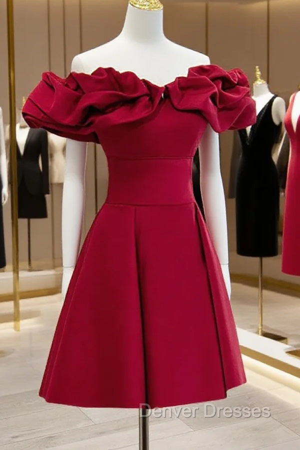 Burgundy A-Line Off Shoulder Satin Short Prom Dress, Burgundy Homecoming Dress