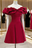Burgundy A-Line Off Shoulder Satin Short Prom Dress, Burgundy Homecoming Dress