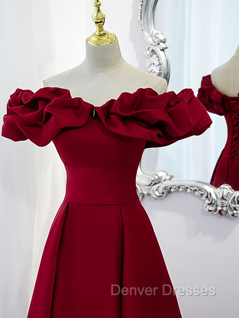 Burgundy A-Line Off Shoulder Satin Short Prom Dress, Burgundy Homecoming Dress
