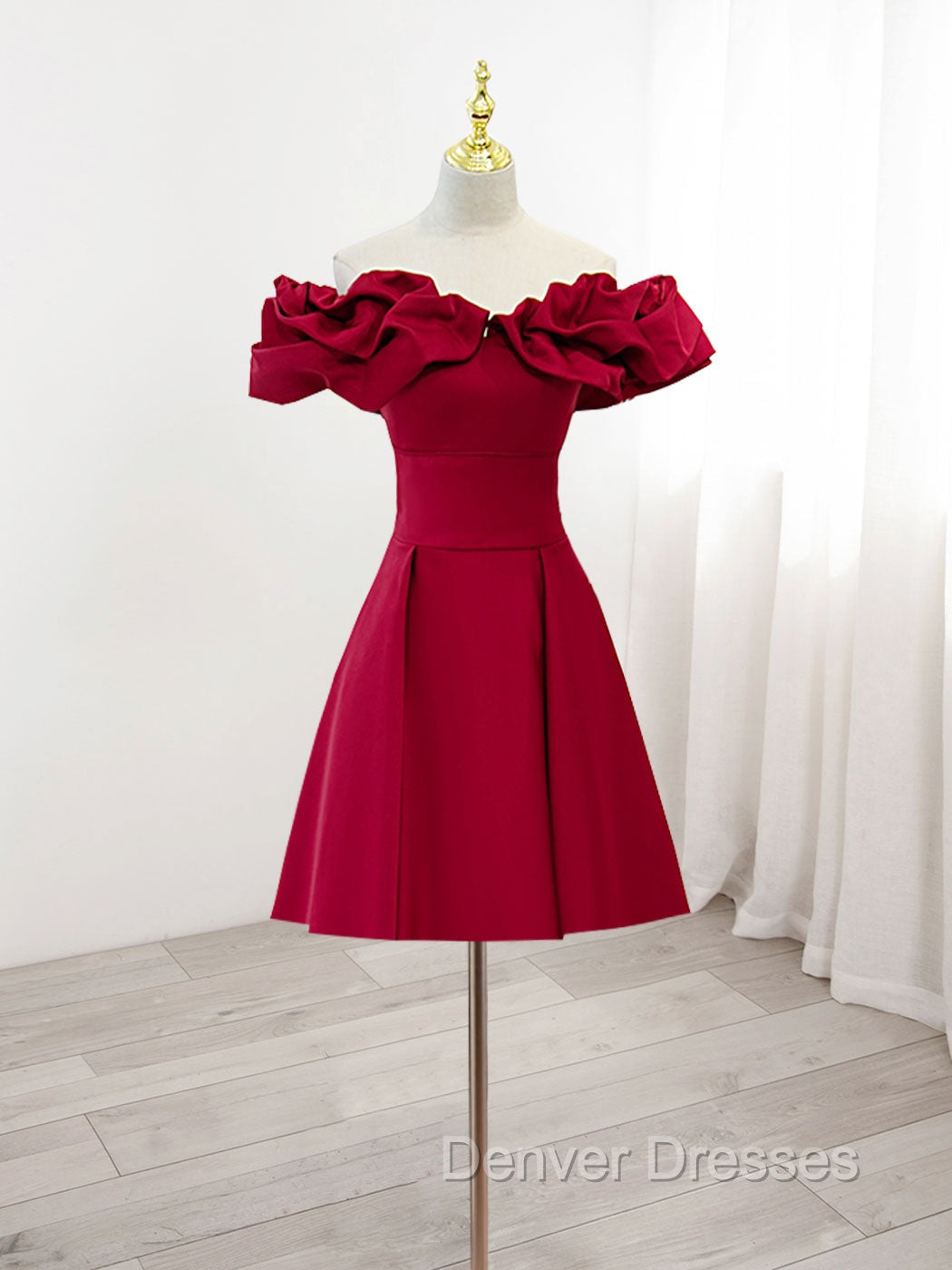 Burgundy A-Line Off Shoulder Satin Short Prom Dress, Burgundy Homecoming Dress Main image