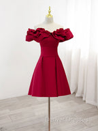 Burgundy A-Line Off Shoulder Satin Short Prom Dress, Burgundy Homecoming Dress