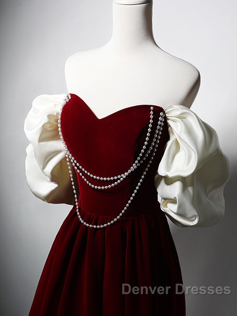 Burgundy A-Line Off Shoulder Velvet Lace Long Prom Dress, Burgundy Long Formal Dress