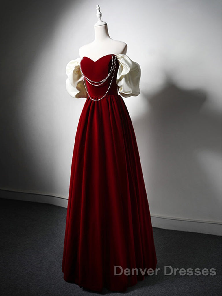 Burgundy A-Line Off Shoulder Velvet Lace Long Prom Dress, Burgundy Long Formal Dress