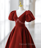 Burgundy A Line Puff Sleeves Velvet Long Prom Dress Evening Dress