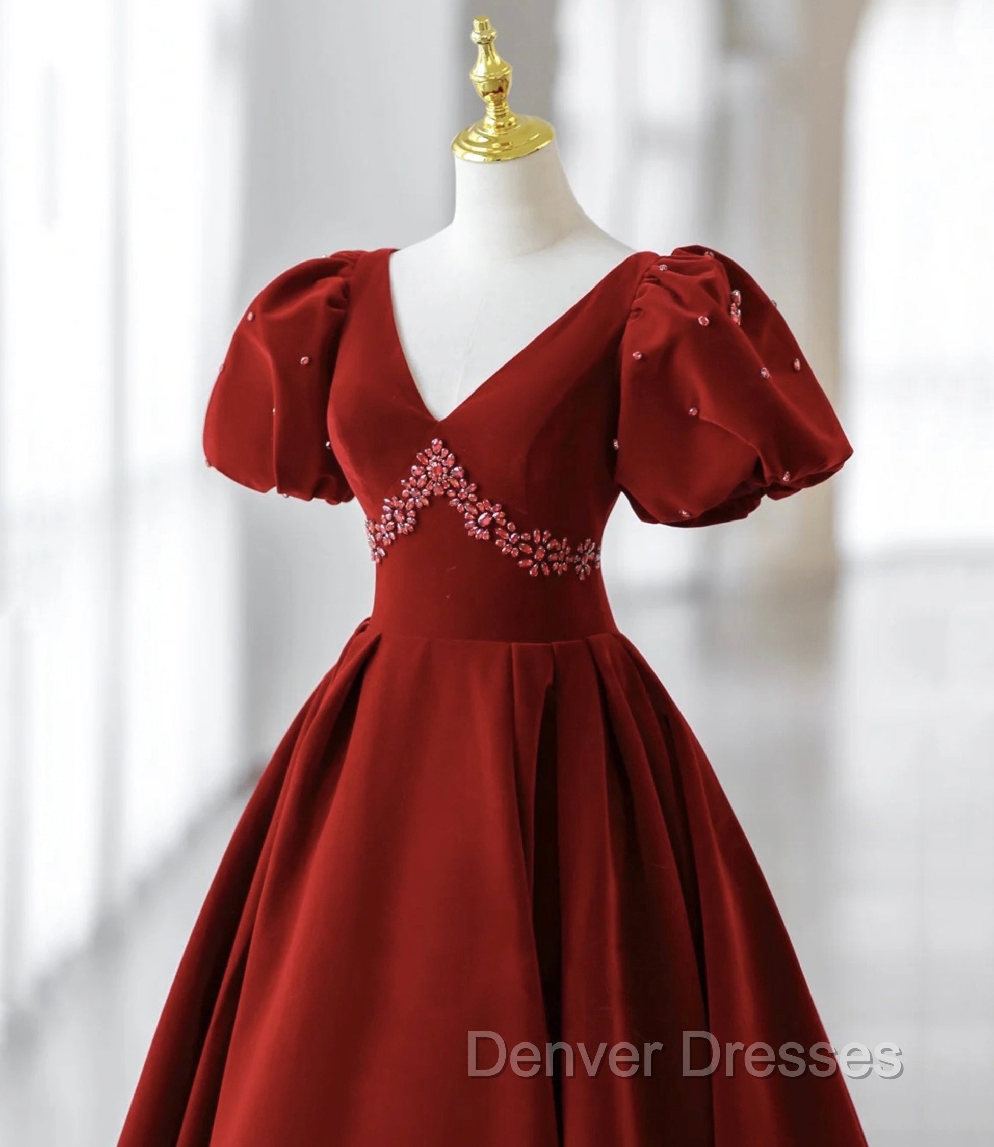 Burgundy A Line Puff Sleeves Velvet Long Prom Dress Evening Dress Secondary image