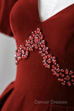 Burgundy A Line Puff Sleeves Velvet Long Prom Dress Evening Dress