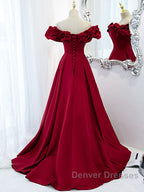 Burgundy A-Line Satin Long Prom Dress, Burgundy Formal Evening Dress