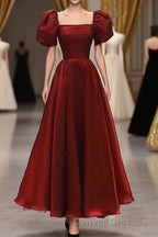 Burgundy A-line Satin Vintage Women Dress Long Prom Dress
