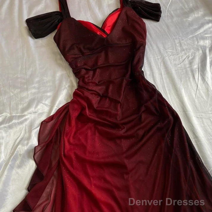 Burgundy A Line Shiny Long Prom Dress Ruffled Evening Gown