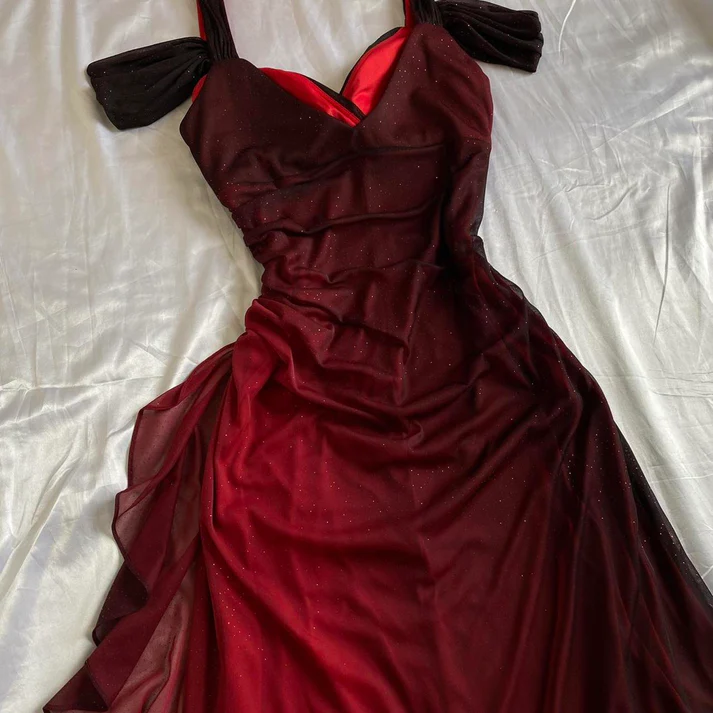 Burgundy A Line Shiny Long Prom Dress Ruffled Evening Gown