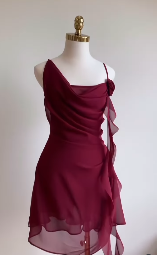 Burgundy A Line Spaghetti Strap Floral Chiffon Short Party Dress Homecoming Dress Outfits