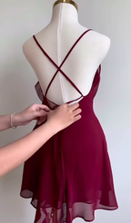 Burgundy A Line Spaghetti Strap Floral Chiffon Short Party Dress Homecoming Dress Outfits