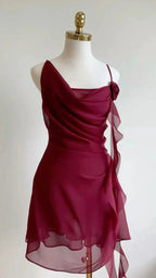 Burgundy A Line Spaghetti Strap Floral Chiffon Short Party Dress Homecoming Dress Outfits