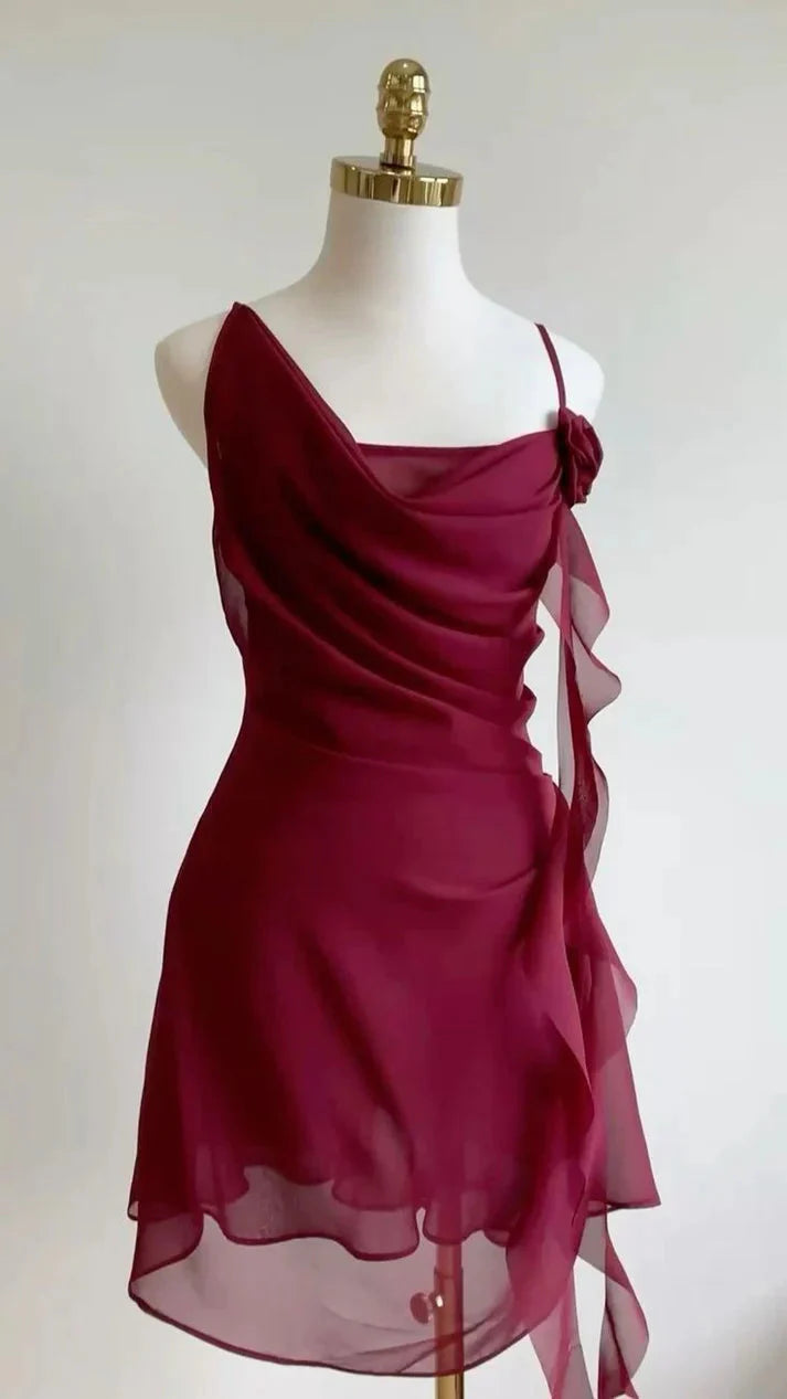 Burgundy A Line Spaghetti Strap Floral Chiffon Short Party Dress Homecoming Dress Outfits Main image