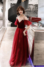 Burgundy A-Line Spaghetti Straps Long Prom Dress, Simple V-Neck Evening Dress