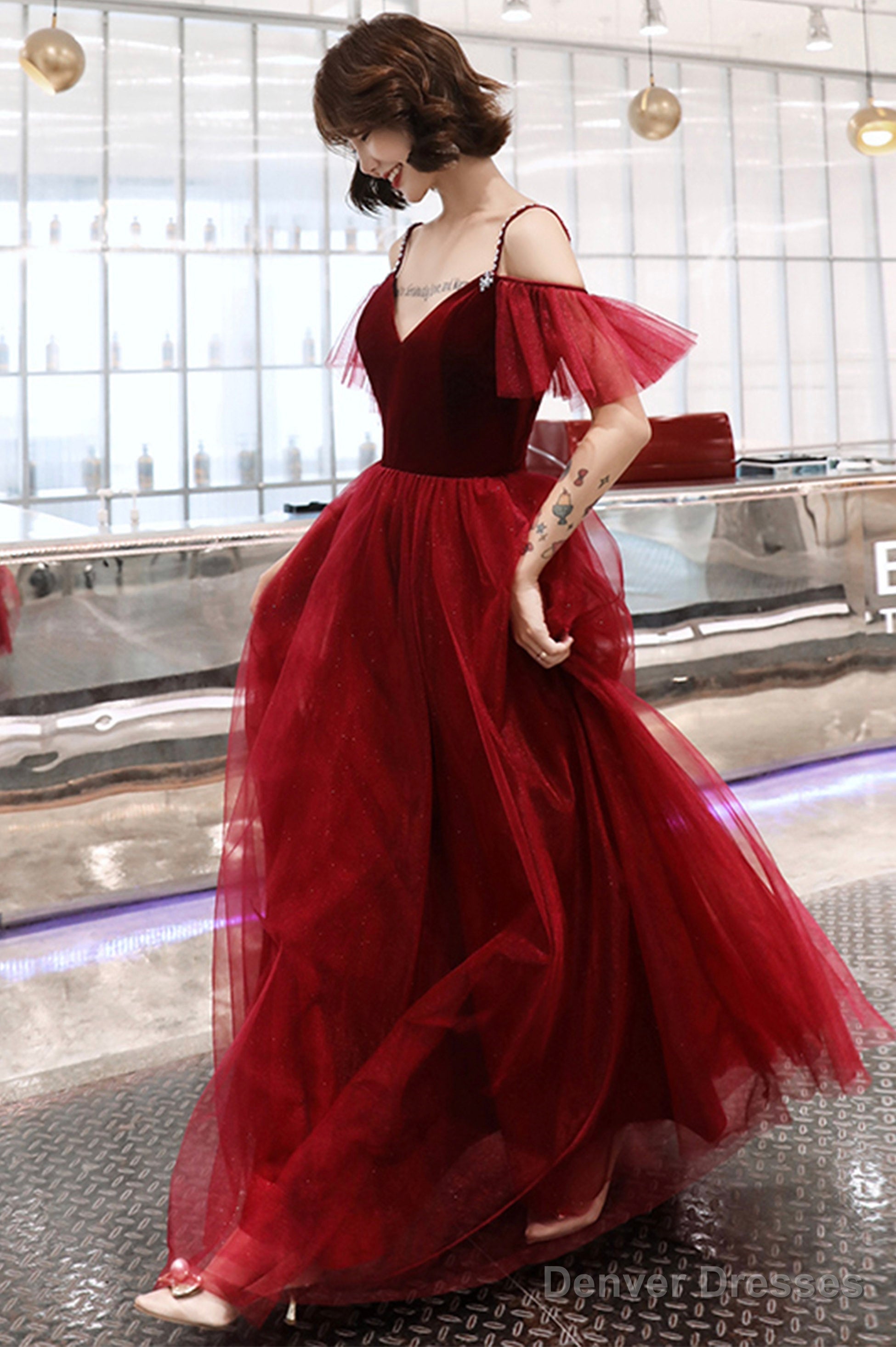 Burgundy A-Line Spaghetti Straps Long Prom Dress, Simple V-Neck Evening Dress Main image