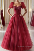 Burgundy A line tulle beads long prom Dress burgundy formal Dress