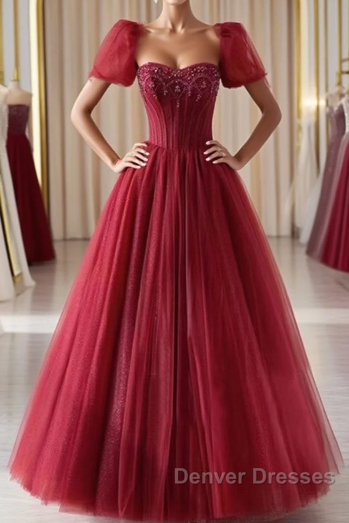 Burgundy A line tulle beads long prom Dress burgundy formal Dress
