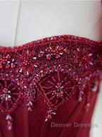Burgundy A line tulle beads long prom Dress burgundy formal Dress