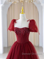 Burgundy A line tulle beads long prom Dress burgundy formal Dress