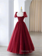 Burgundy A line tulle beads long prom Dress burgundy formal Dress