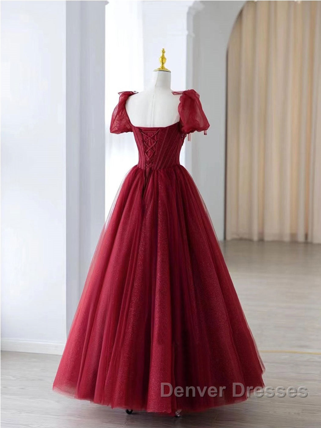 Burgundy A line tulle beads long prom Dress burgundy formal Dress