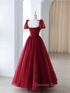 Burgundy A line tulle beads long prom Dress burgundy formal Dress