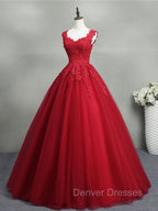 Burgundy A-Line Tulle Lace Long Prom Dress, Burgundy Formal Evening Dress