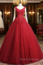 Burgundy A-Line Tulle Lace Long Prom Dress, Burgundy Formal Evening Dress