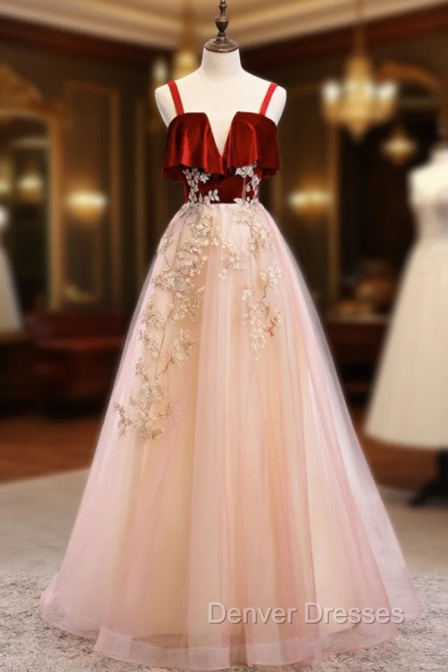 Burgundy A-line Tulle Lace Long Prom Dress Tulle Formal Dress Main image