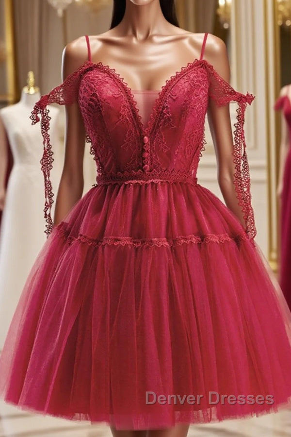 Burgundy A-Line Tulle Lace Short Prom Dress, Burgundy Homecoming Dress