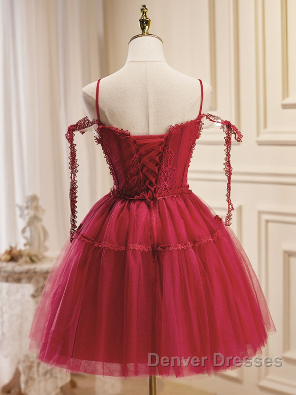 Burgundy A-Line Tulle Lace Short Prom Dress, Burgundy Homecoming Dress