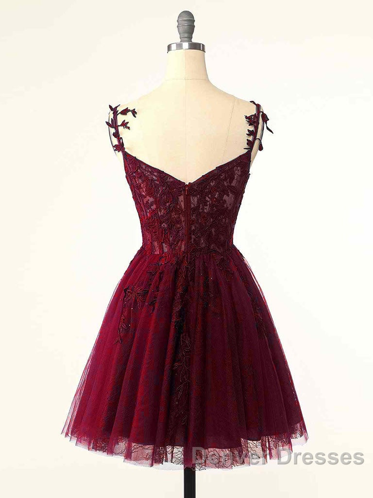Burgundy A-Line Tulle Lace Short Prom Dress, Cute Burgundy Homecoming Dress