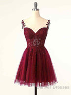 Burgundy A-Line Tulle Lace Short Prom Dress, Cute Burgundy Homecoming Dress