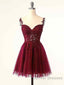 Burgundy A-Line Tulle Lace Short Prom Dress, Cute Burgundy Homecoming Dress